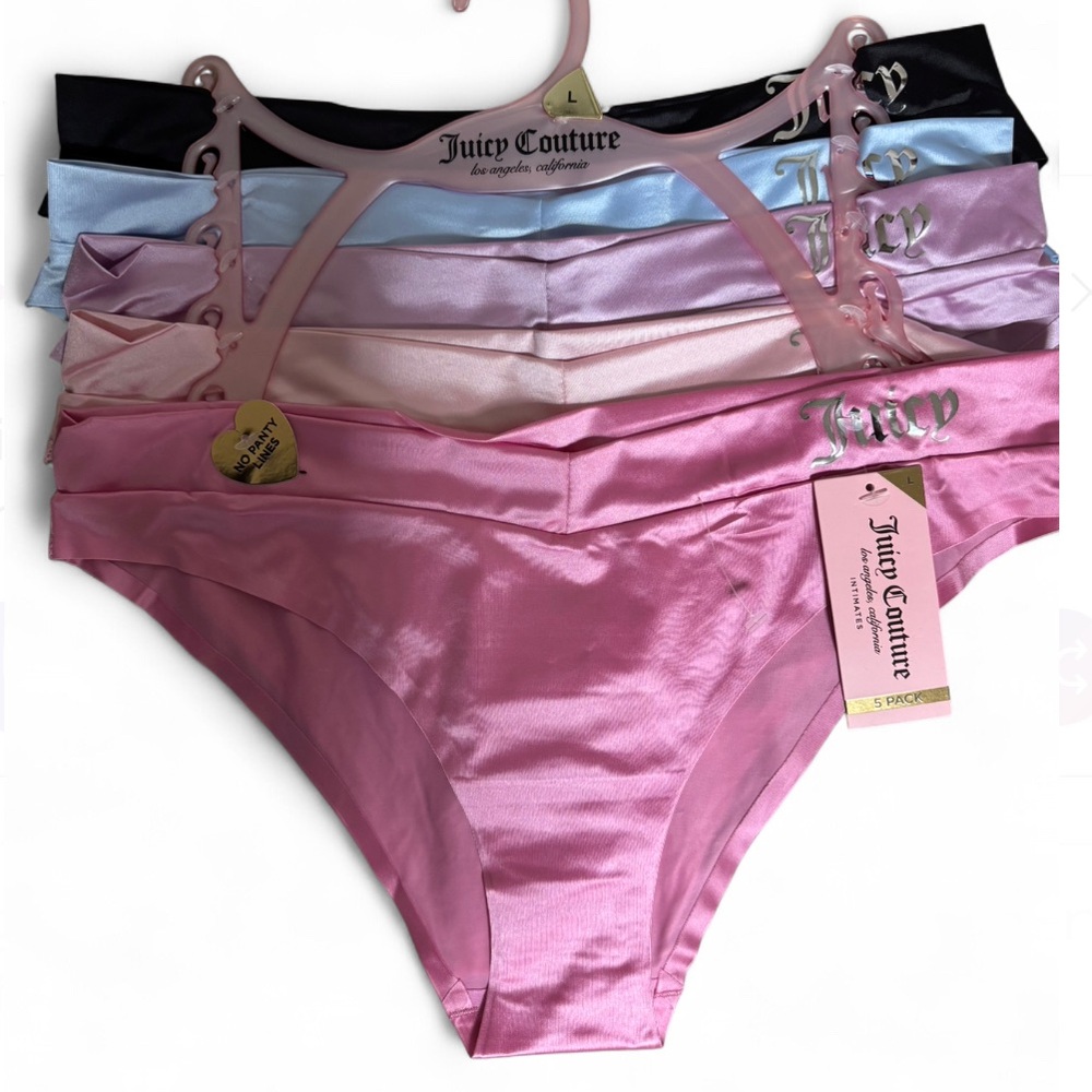New Juicy Couture Vibrant Satin Shiny Panty Pink Lilac Blue & Black 5Pack-Large